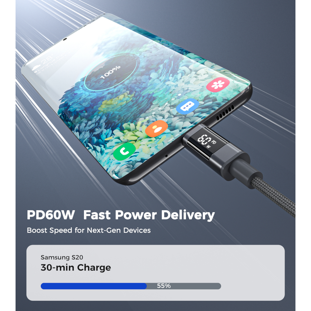 Кабель CHOETECH PD60 Вт USB-C до USB-C 1,2 м Gray (XCC-1068-GY) Подсветка False