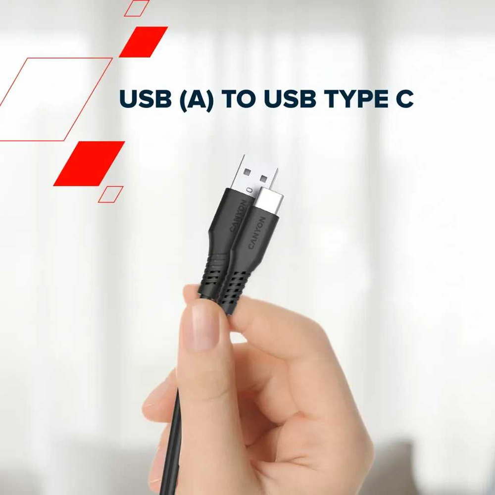 Кабель CANYON Onwire 18TP USB-A to USB-C 2м 18W TPE Black (CNS-AC18SC20B) Подсветка False