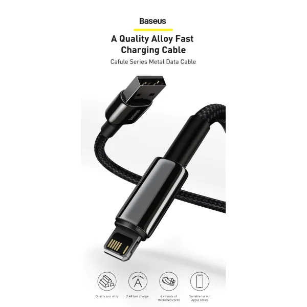 Зовнішній вигляд Кабель BASEUS Tungsten Gold Fast Charging Data Cable USB to iP 2.4A 2 м Black (CALWJ-A01)