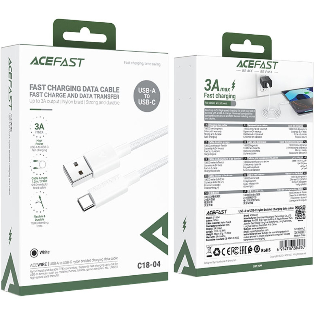Кабель ACEFAST C18-04 USB-A to USB-C 1.2 м White (6974316284260) Підсвітка False