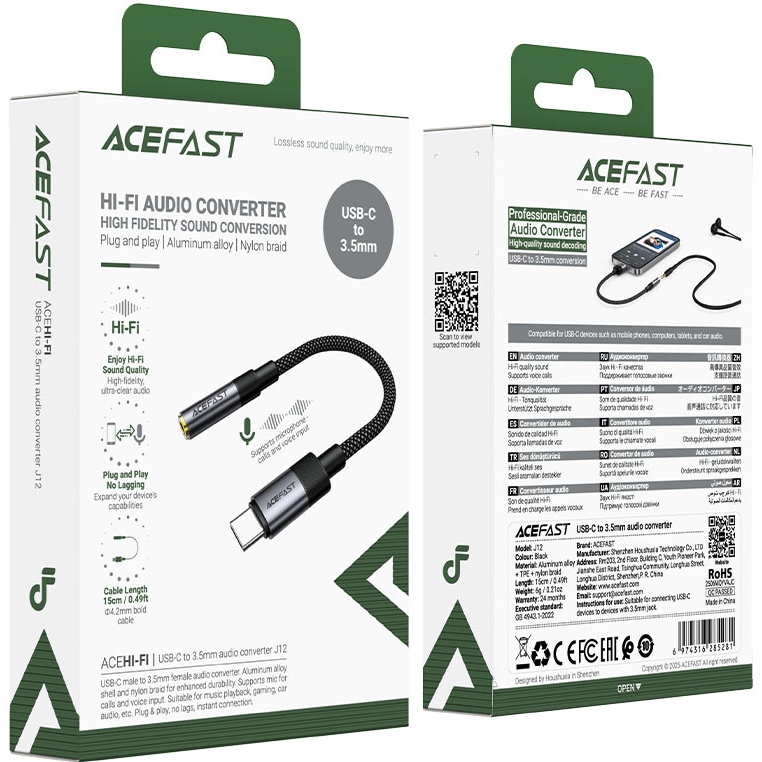 Внешний вид Переходник ACEFAST J12 USB Type-C - аудио 3.5 mm 15 см Black (6974316285281)