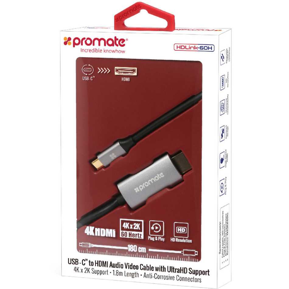 Кабель Promate HDLink-60H USB 3.1 Type-C - HDMI 1.8 м Grey (hdlink-60h.grey) Підсвітка False