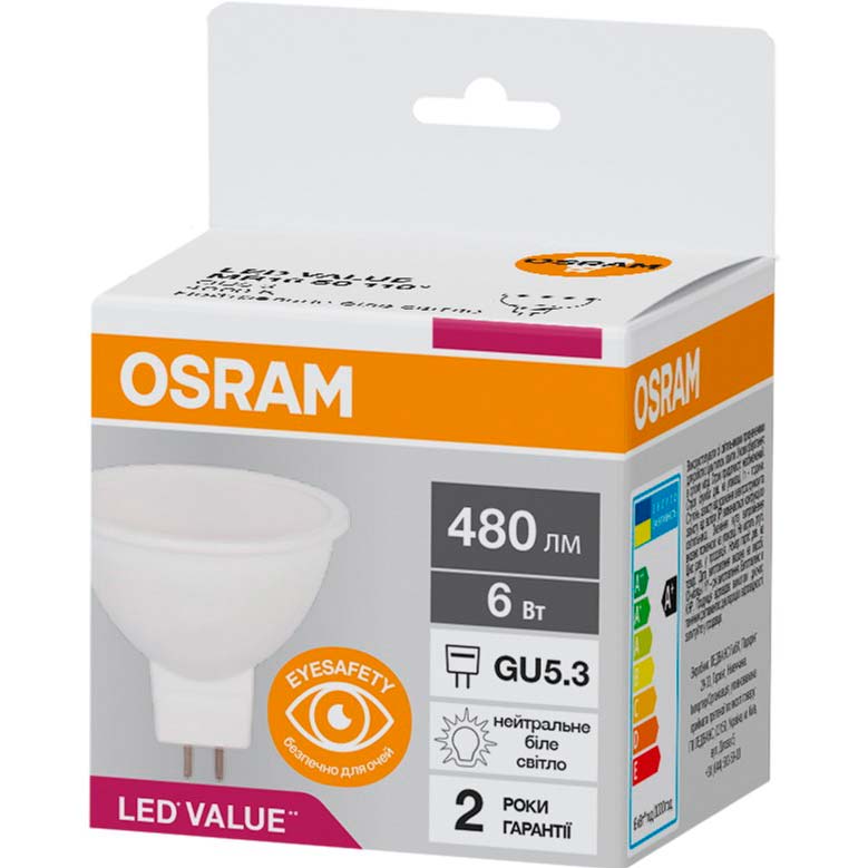 Светодиодная лампа OSRAM LED VALUE MR16, 6W, 4000K, GU5.3 (4058075689237) Тип светодиодная (LED)