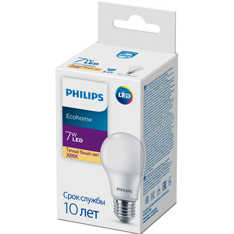 Светодиодная лампа PHILIPS Ecohome LED Bulb 7W 500lm E27 830 RCA (929002298617) Количество в ящике 20