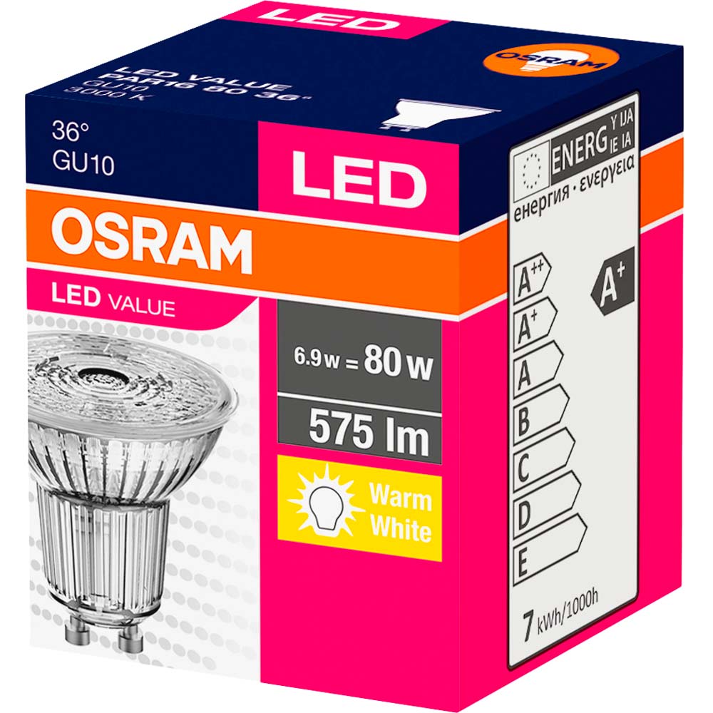 Светодиодная лампа OSRAM LED VALUE GU10 6.9-80W 3000K 230V PAR16 (4058075096646) Тип светодиодная (LED)