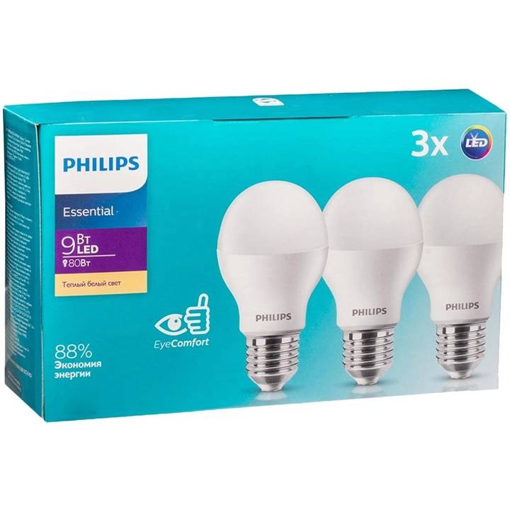 Світлодіодна лампа PHILIPS LEDBulb 9W 3000K E27 3 шт (929002299247)