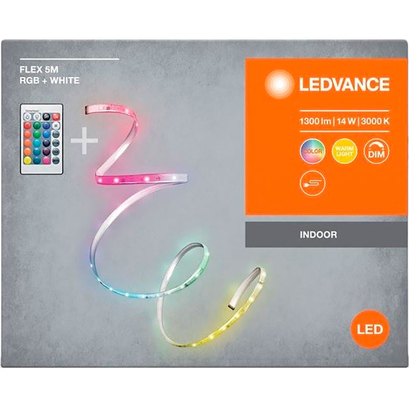 Светодиодная лента LEDVANCE FLEX 14W 1300Lm 5M RGB 3000K RC (4099854095443) Цвет свечения теплый