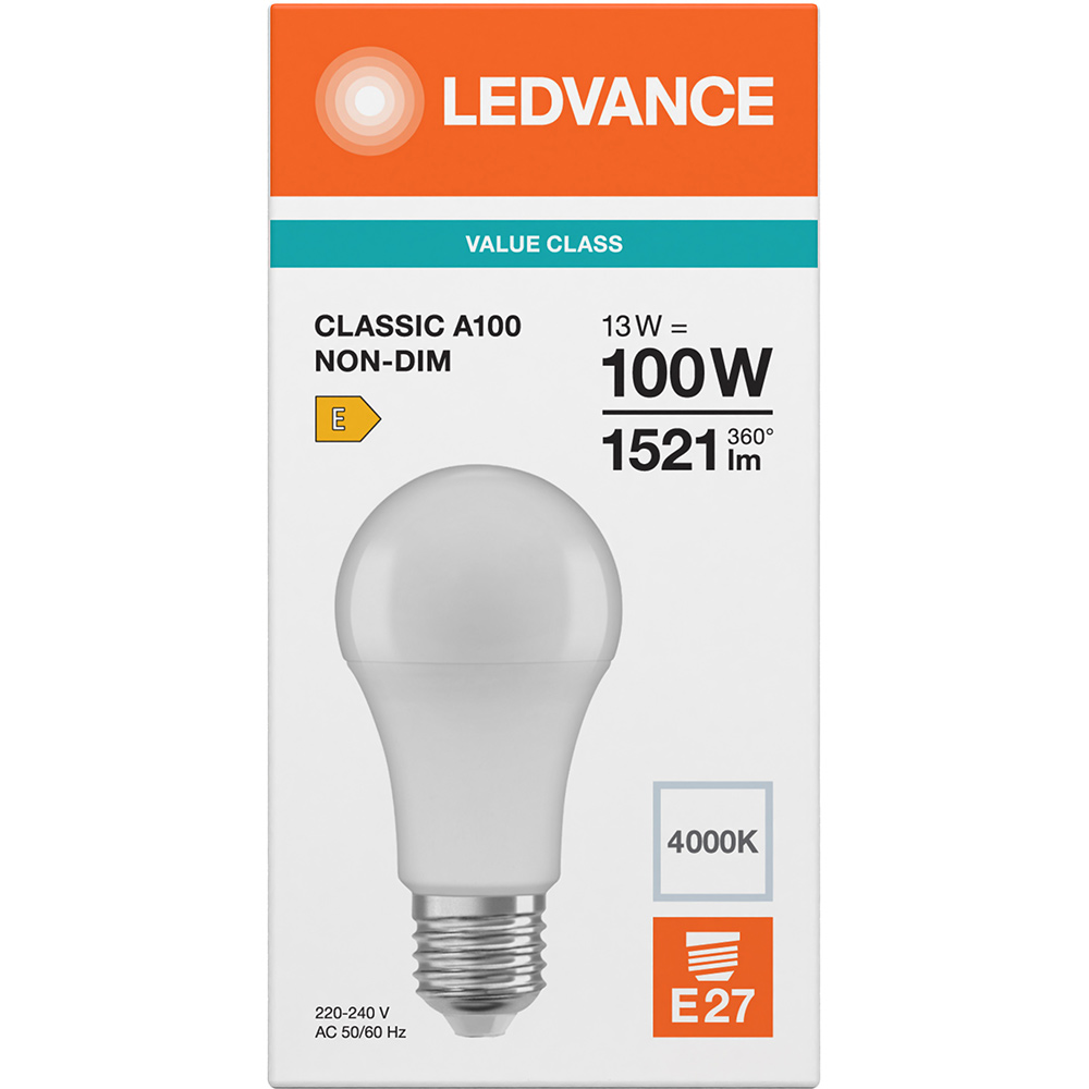 Внешний вид Лампочка LEDVANCE LED E27 13Вт 4000К 1521Лм A100 VALUE (4099854049002)