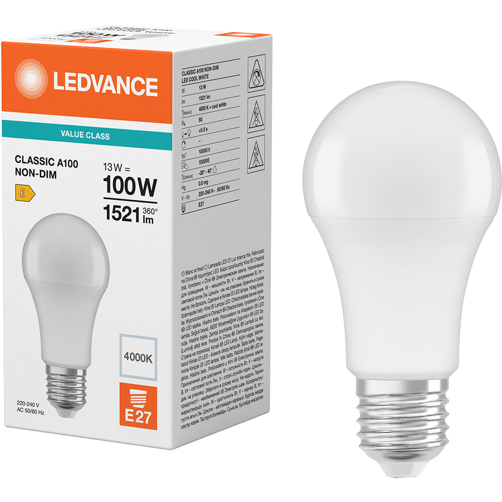 Лампочка LEDVANCE LED E27 13Вт 4000К 1521Лм A100 VALUE (4099854049002) Размер изделия ШхД 60 x 118