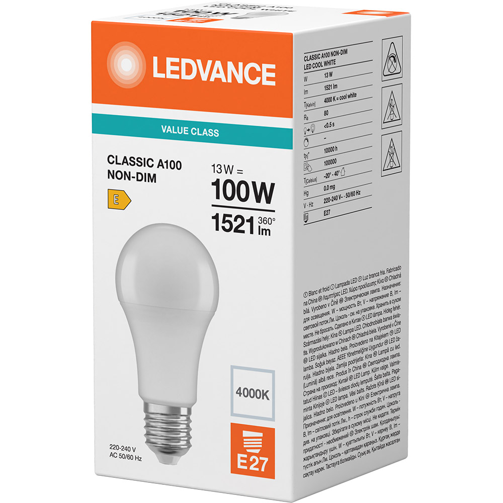 Фото Лампочка LEDVANCE LED E27 13Вт 4000К 1521Лм A100 VALUE (4099854049002)