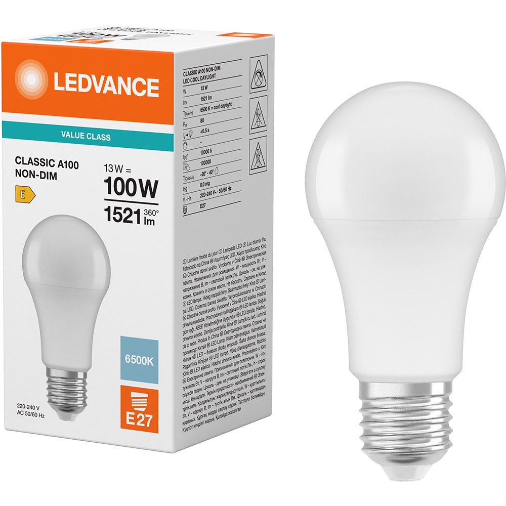 Лампочка LEDVANCE LED E27 13Вт 6500К 1521Лм A100 VALUE (4099854049026) Розмір виробу ШхД 60 x 118