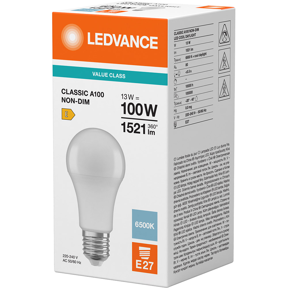 Фото Лампочка LEDVANCE LED E27 13Вт 6500К 1521Лм A100 VALUE (4099854049026)