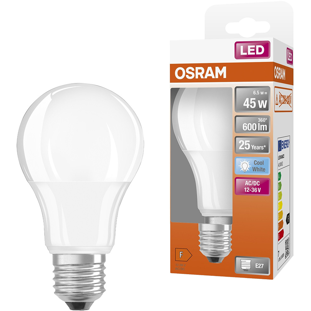 Лампочка OSRAM LED E27 6,5Вт 4000K 600Лм CLA45 низьковольтна 12-36В (4058075757608) Матеріал розсіювача  пластик