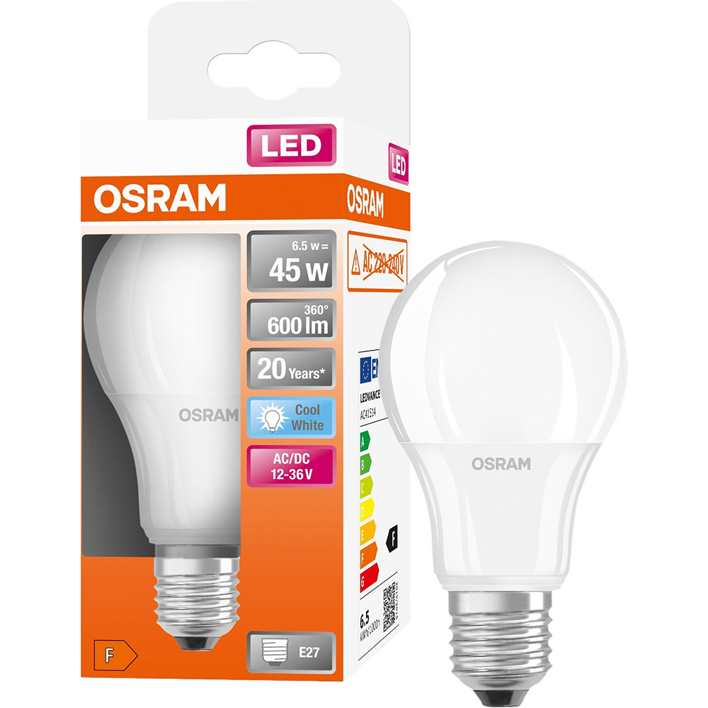 Лампочка OSRAM LED E27 6,5Вт 4000K 600Лм CLA45 низьковольтна 12-36В (4058075757608) Розмір виробу ШхД 60 x 118