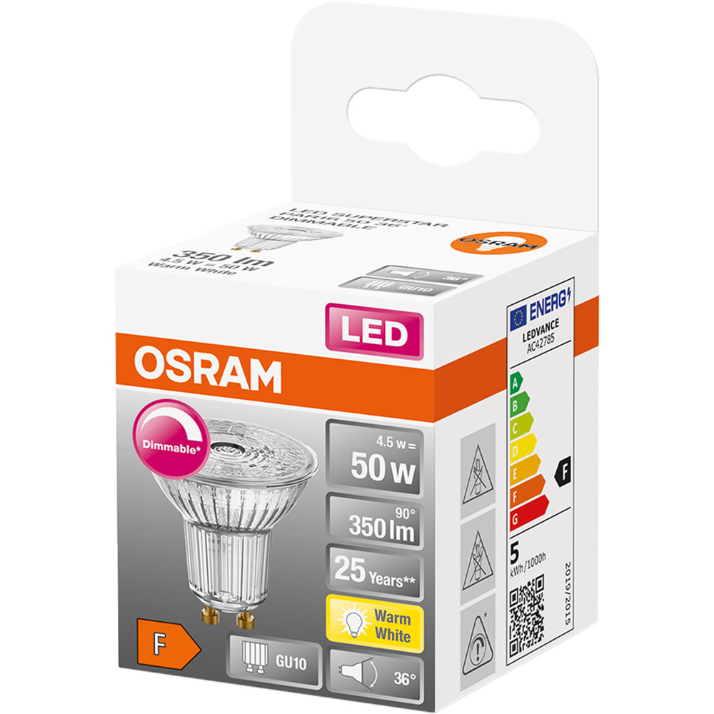 Лампочка OSRAM LED GU10 4.5Вт 2700К 350Лм PAR16 Dimmable (4058075797888) Розмір виробу ШхД 50 x 54