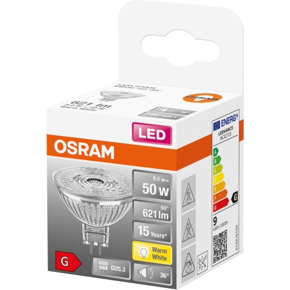 Лампочка OSRAM LED GU5.3 8Вт 2700К 621Лм MR16 12В STAR (4058075433762) Коэффициент цветопередачи 80