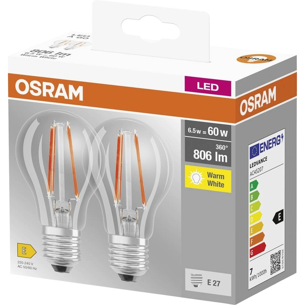 Светодиодная лампа OSRAM LED E27 6.5Вт A60 2 шт (4099854064098) Световой поток 806