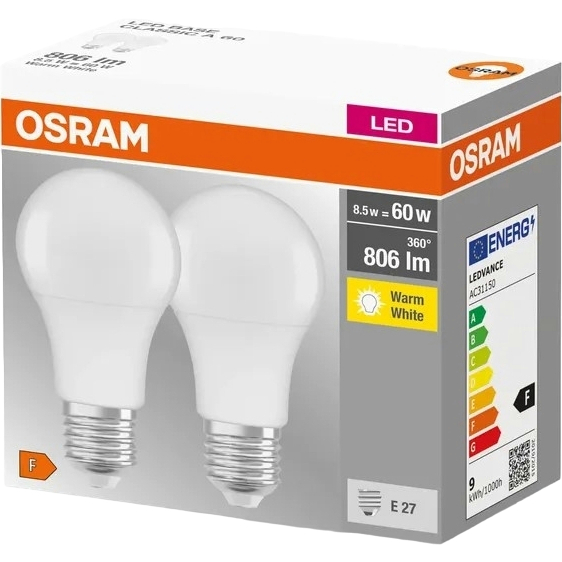 Светодиодная лампа OSRAM LED E27 8.5Вт A60 2 шт (4058075152656) Коэффициент цветопередачи 80