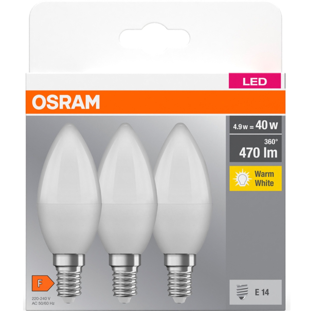 Внешний вид Светодиодная лампа OSRAM LED E14 4.9Вт B40 3шт (4099854047091)