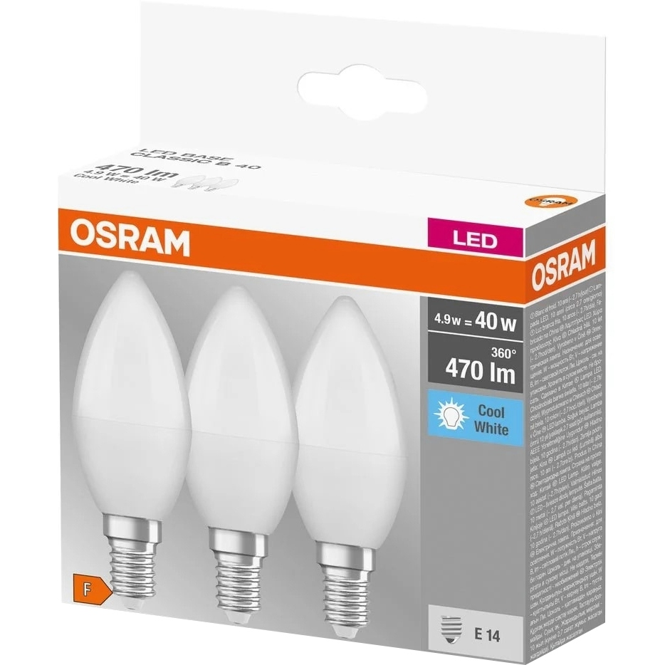 Светодиодная лампа OSRAM LED E14 4.9Вт B40 3 шт (4058075429680) Световой поток 470