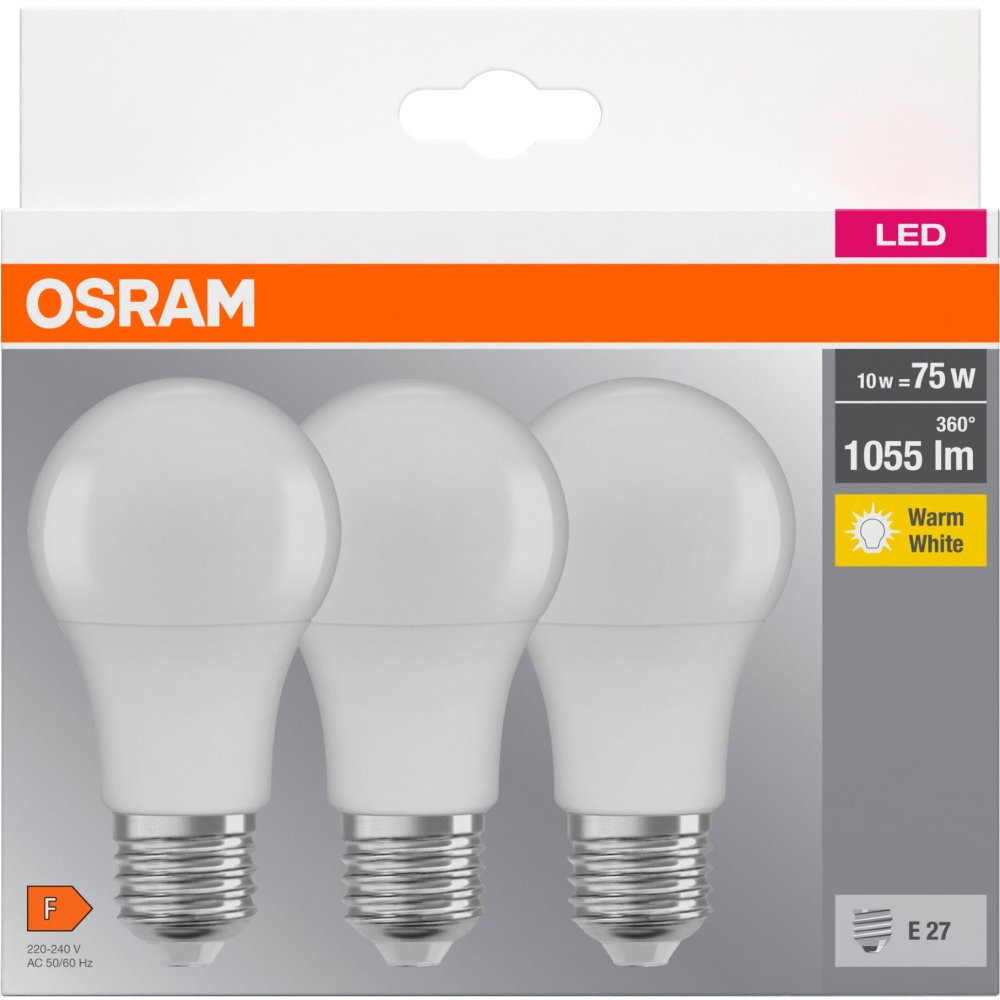 Світлодіодна лампа OSRAM LED E27 10Вт A60 3 шт (4058075819436) Світловий потік 1055