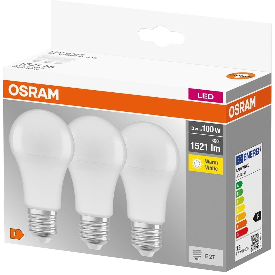 Внешний вид Светодиодная лампа OSRAM LED E27 13Вт A60 3 шт (4058075819412)