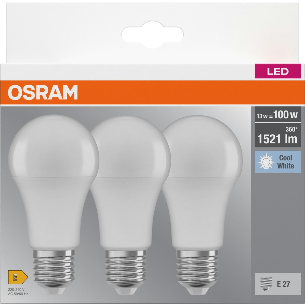 Внешний вид Светодиодная лампа OSRAM LED E27 13Вт A60 3 шт (4058075819559)