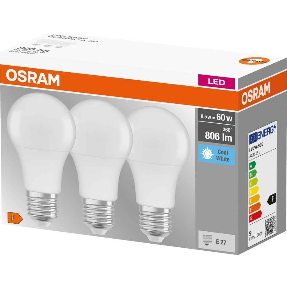 Светодиодная лампа OSRAM LED E27 8.5Вт A60 3 шт (4058075127531) Световой поток 806