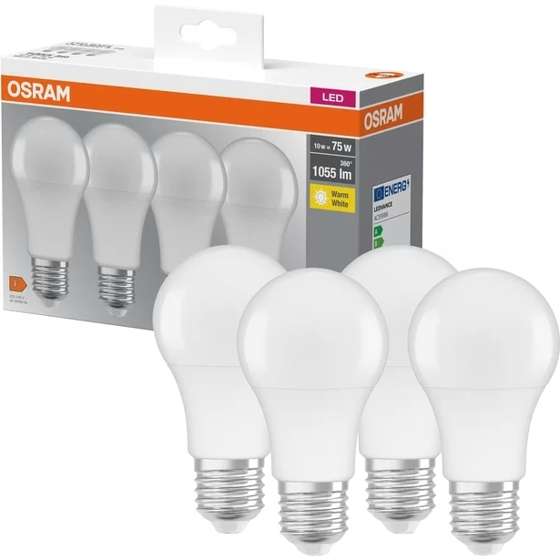 Светодиодная лампа OSRAM LED E27 10Вт A60 4шт (4058075184992) Световой поток 1055