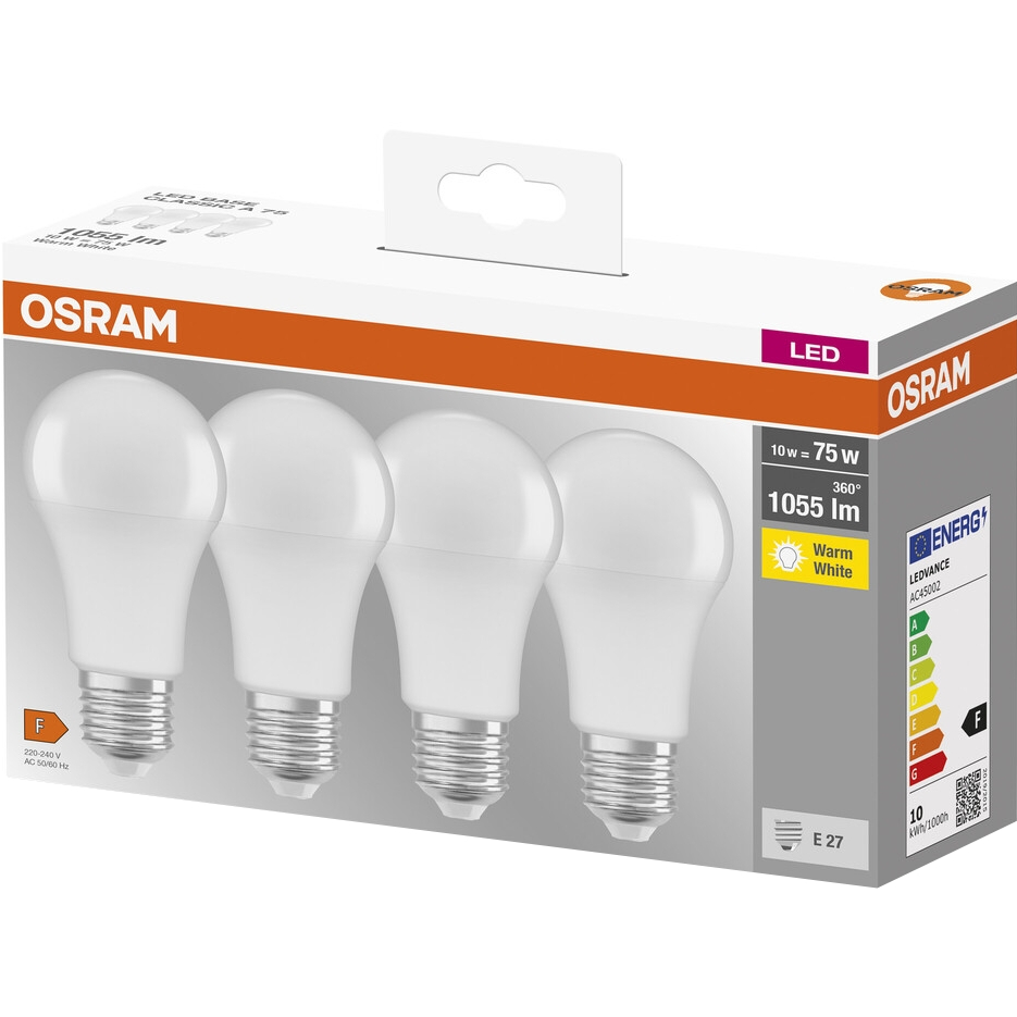 Внешний вид Светодиодная лампа OSRAM LED E27 10Вт A60 4шт (4058075184992)