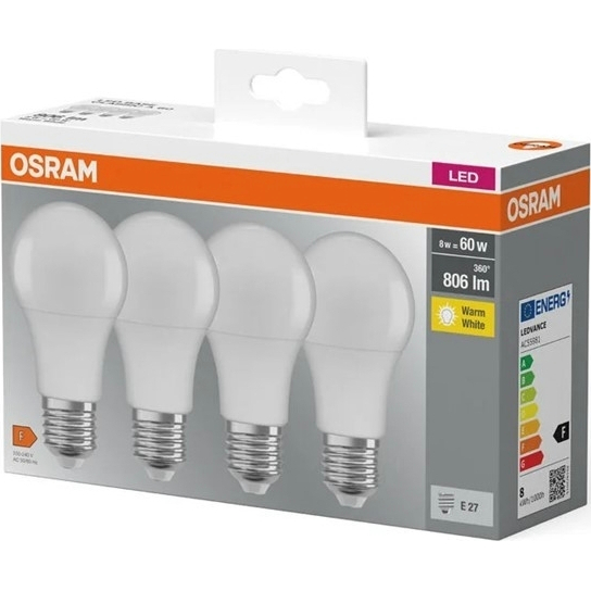 Светодиодная лампа OSRAM LED E27 8.5Вт A60 4 шт (4058075819450) Световой поток 806