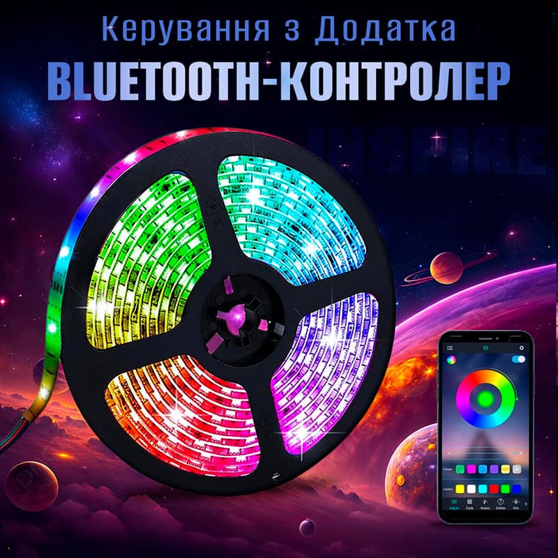 Світлодіодна стрічка INSPIRE Smart 5050RGB LED USB 2 м + пульт (24-Key-BT-Controllor5050RGB-LED-2M) (24bt50r2) Особливості Голосове керування; Підключення до смартфону через Bluetooth; Управління кольорами, яскравістю, режимами; Можливість синхронізації із музикою; IR-пульт ДК; Живлення через USB; Тип діодів: SMD 5050; Клас захисту: IP20