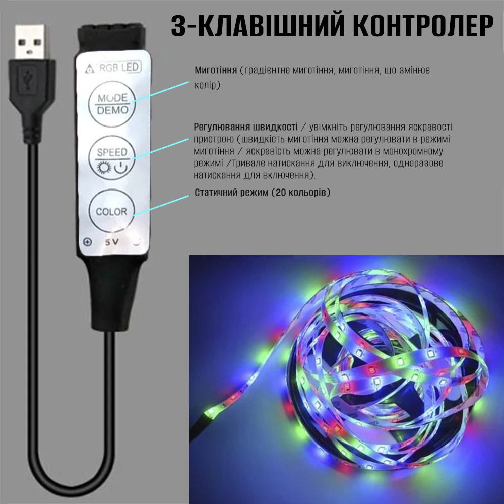 Зовнішній вигляд Світлодіодна стрічка RGB INSPIRE 5050RGB 5V 5м (3-Key-Controllor5050RGB-LED-5M) (3k50r5)