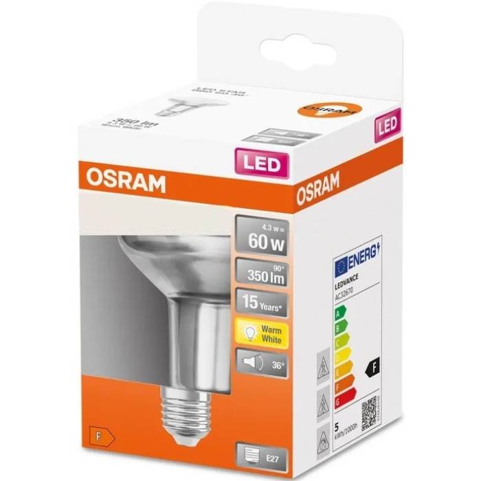 Светодиодная лампа OSRAM LED E27 4.3Вт 2700К 350Лм R80 STAR (4058075433304) Материал корпуса Пластик
