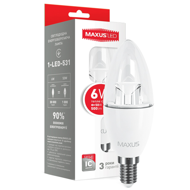 Світлодіодна лампа (енергозберігаюча) MAXUS C37 6W 220V E14 (1-LED-531) Тип світлодіодна (LED)