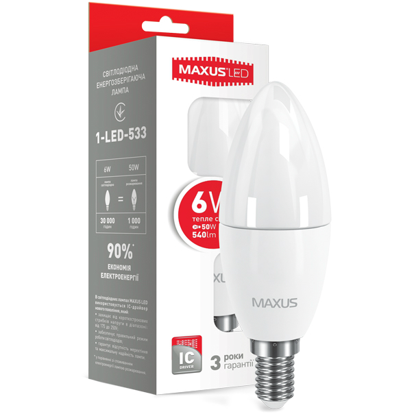 Світлодіодна лампа (енергозберігаюча) MAXUS C37 6W 220V E14 (1-LED-533) Тип світлодіодна (LED)