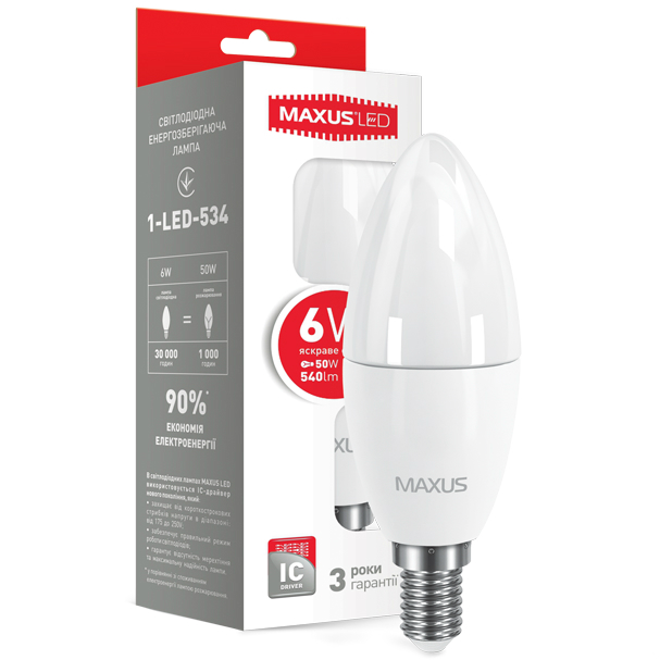 Світлодіодна лампа (енергозберігаюча) MAXUS C37 6W 220V E14 (1-LED-534) Тип світлодіодна (LED)