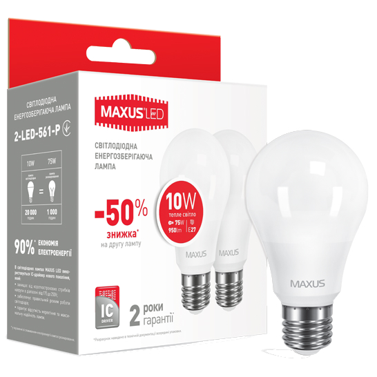 LED-лампа MAXUS A60 10W 220V E27 (2-LED-561-P) 2 шт. Тип світлодіодна (LED)