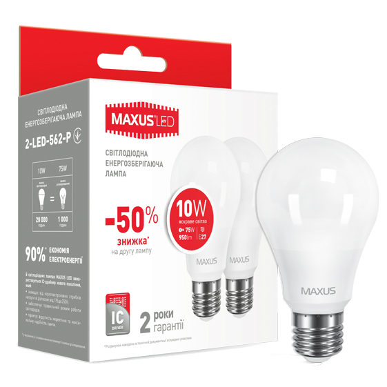 MAXUS A60 10W 220V E27 (по 2 шт.) (2-LED-562-P) Тип світлодіодна (LED)