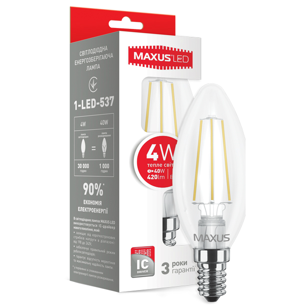 MAXUS MAXUS (філамент), C37, 4W, ,E14 (1-LED-537) Тип світлодіодна (LED)