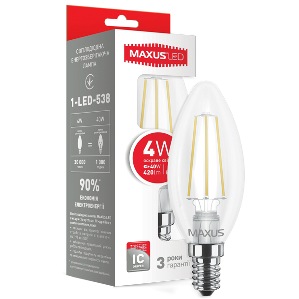 MAXUS MAXUS (філамент), C37, 4W, E14 (1-LED-538) Тип світлодіодна (LED)