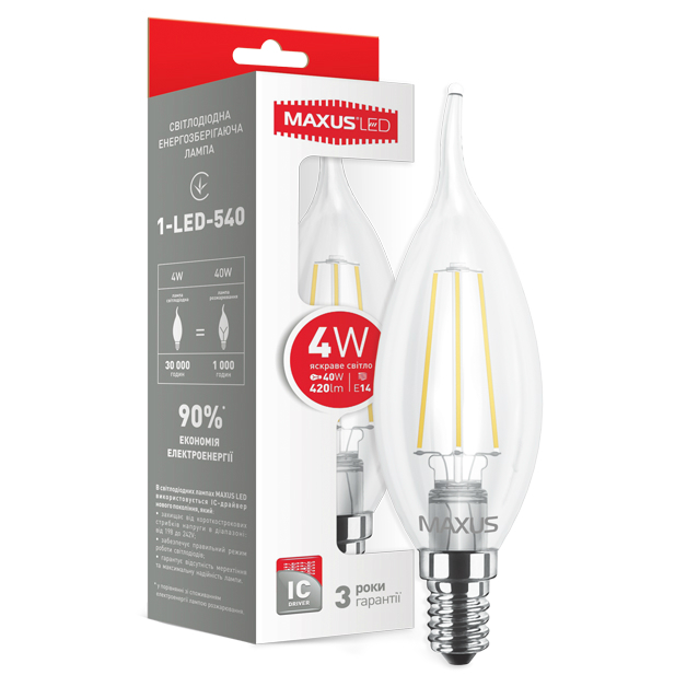 MAXUS MAXUS (філамент), C37 TL, 4W, E14 (1-LED-540) Тип світлодіодна (LED)