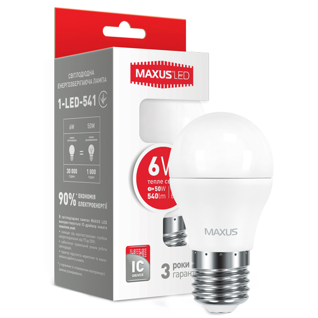 Світлодіодна лампа MAXUS G45 6W 220V E27 (1-LED-541) Тип світлодіодна (LED)