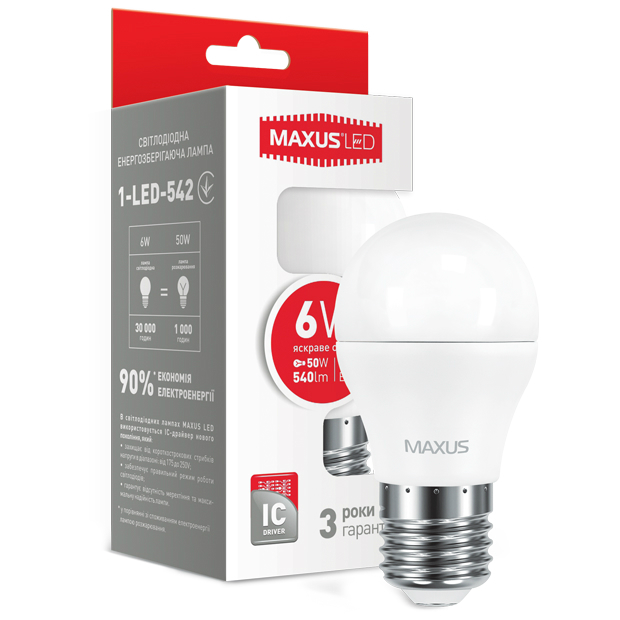 Світлодіодна лампа MAXUS G45 6W 220V E27 (1-LED-542) Тип світлодіодна (LED)