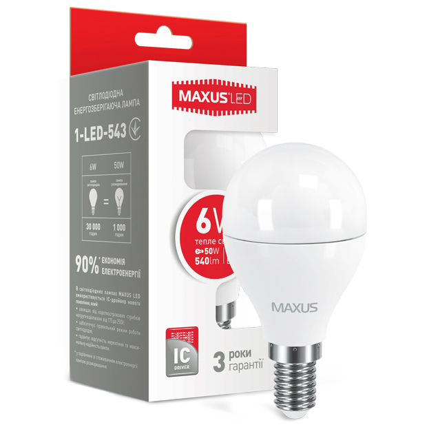 Світлодіодна лампа (енергозберігаюча) MAXUS G45 6W 220V E14 (1-LED-543) Тип світлодіодна (LED)