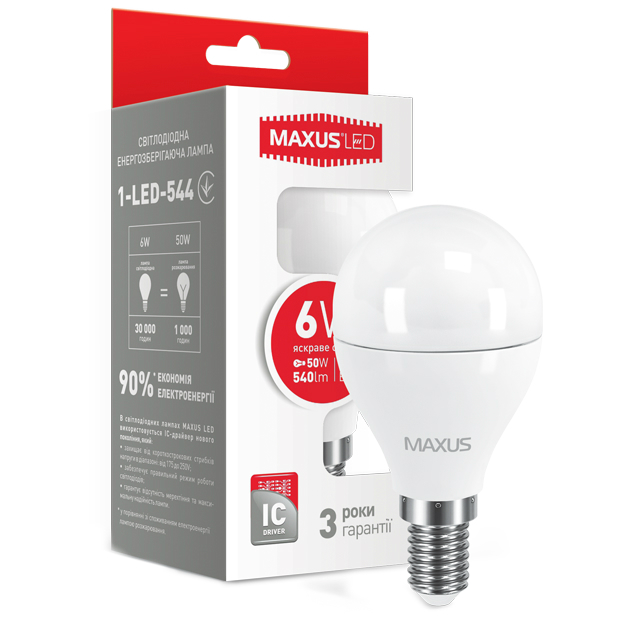 Світлодіодна лампа MAXUS G45 6W 220V E14 (1-LED-544) Тип світлодіодна (LED)