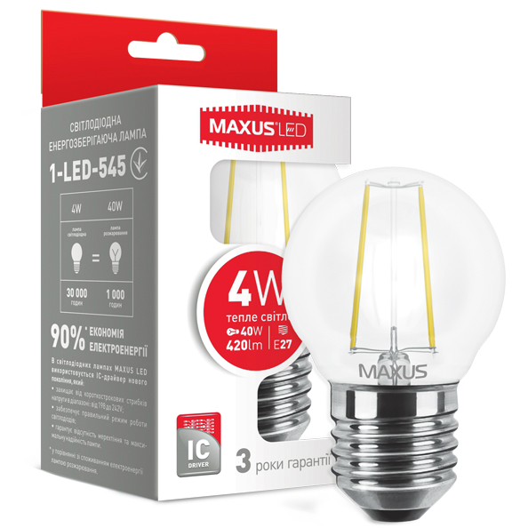 MAXUS MAXUS (філамент), G45, 4W, ,E27 (1-LED-545) Тип світлодіодна (LED)