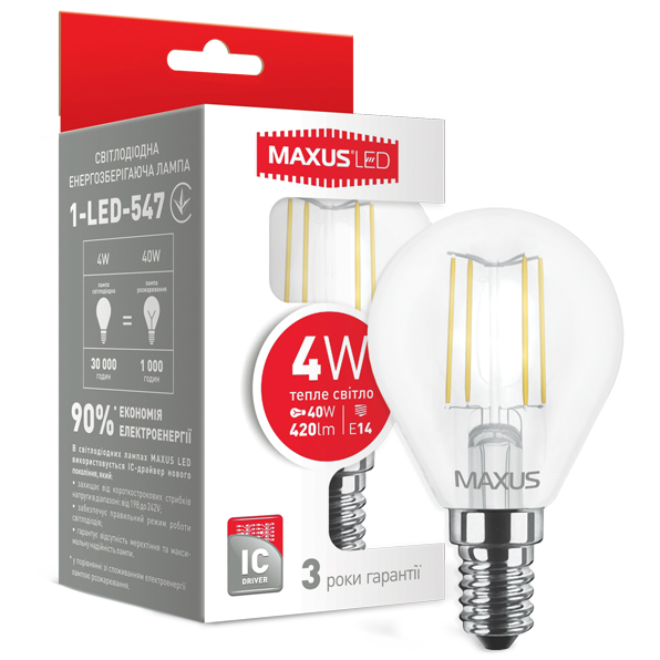 MAXUS MAXUS (філамент), G45, 4W, ,E14 (1-LED-547) Тип світлодіодна (LED)