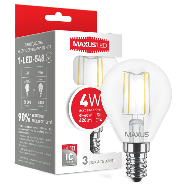 MAXUS MAXUS (філамент), G45, 4W, E14 (1-LED-548) Тип світлодіодна (LED)