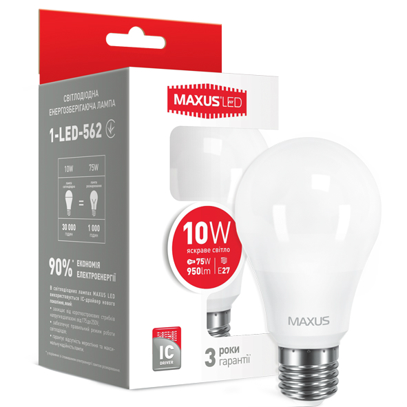 LED-лампа MAXUS A60 10W 220V E27 (1-LED-562) Тип світлодіодна (LED)